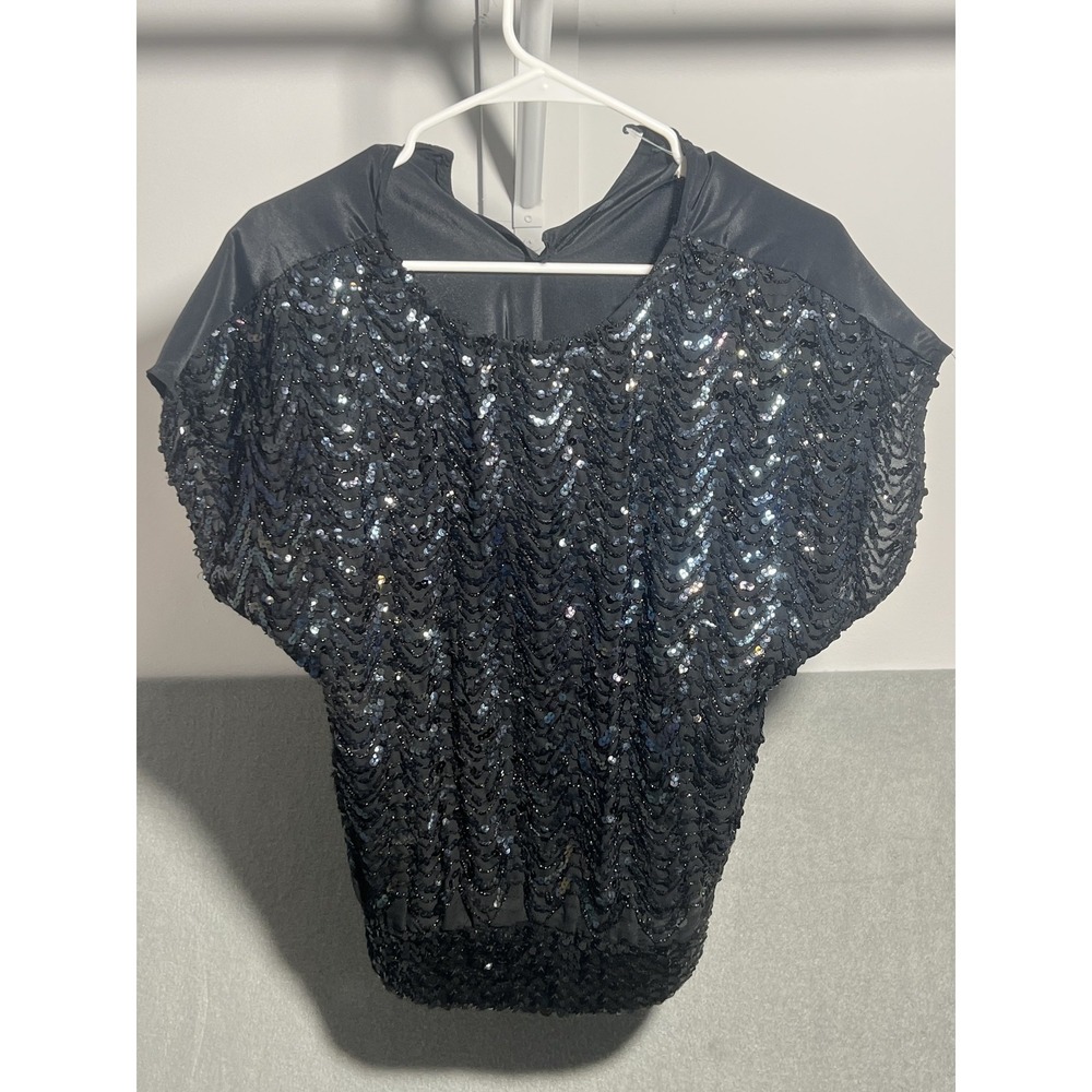 Adamo Women's Black Sequin Blouse Top Medium Dolman Sleeve‎ Party Cocktail USA
